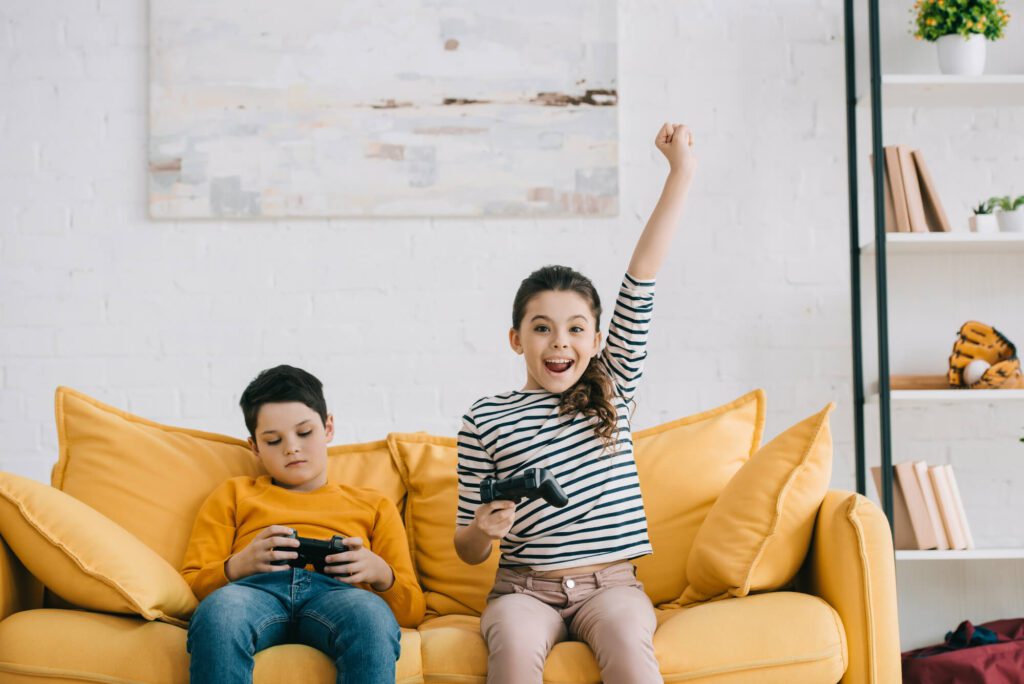 kids playing at a modern home theater
